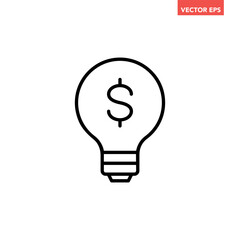 Single black light bulb with dollar mark line icon, simple financial idea graphic flat design interface infographic element for app ui ux web button, vector isolated on white background