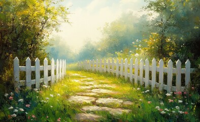 Serene Rural Landscape with White Picket Fence and Lush Green Grass in Soft Morning Light