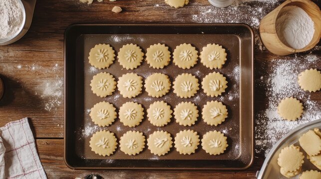 Homemade snowflake cookies on a baking sheet