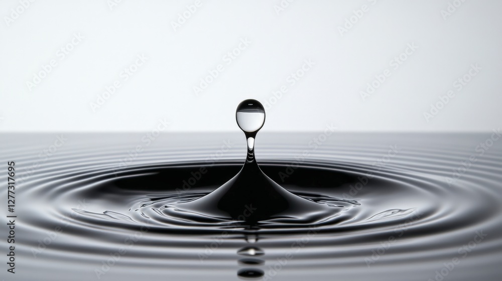 Aufkleber water drop creating ripples on smooth black surface in minimal design