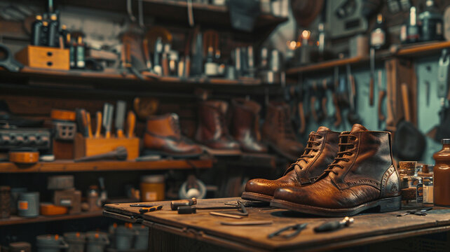 A cobbler works at a bustling shoe repair shop, polishing leather boots while his workbench is filled with neatly arranged tools, laces, and bottles of conditioner for leather care and repairs.
