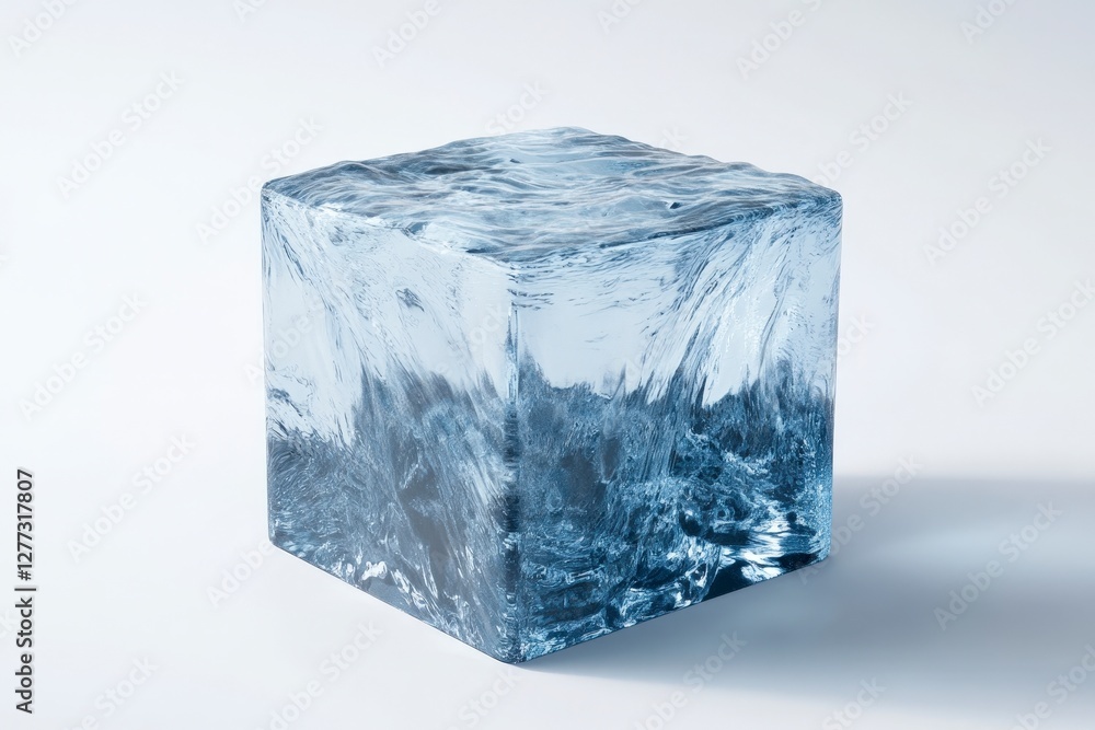 Poster clear ice cube on solid background with water flowing texture