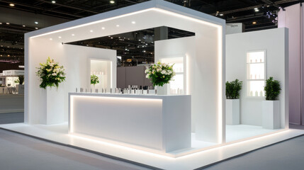 Chic luxury cosmetics booth with sleek white surfaces and elegant decor