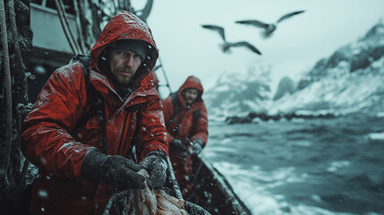 Obraz premium Fishermen battling harsh winter conditions while hauling nets at sea
