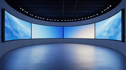 Modern exhibition space with curved screens displaying blue visuals