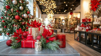 Festive Christmas Decorations with Red and Gold Accents in Shop