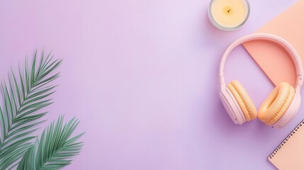 Obraz premium Remote work stress relief - A stress ball, noise-canceling headphones, a calming candle, and a meditation guide, isolated on a muted purple background with copy space