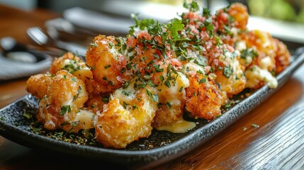 Fototapeta premium Crispy Fried Appetizer with Herbs and Sauce on Black Plate