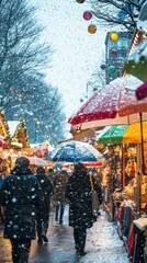 Fototapeta premium Winter Wonderland Market Scene with Colorful Umbrellas and Snow
