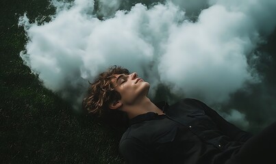 Man resting in cloud, grassy field, serene scene, artistic portrait, photo for relaxation posters