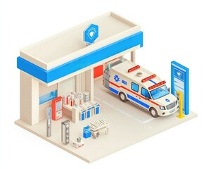 Fototapeta premium A stylized illustration of an ambulance station featuring an ambulance, emergency supplies, and a service area.