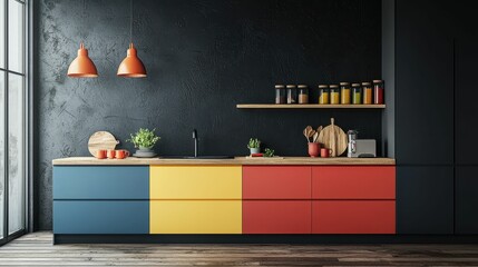 Modern Kitchen Design with Colorful Cabinets and Stylish Accents