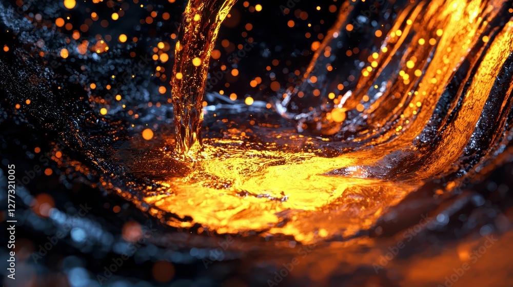 Poster glowing liquid stream with sparkling particles in dark background