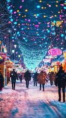 Festive Winter Street with Colorful Lights and Falling Snow
