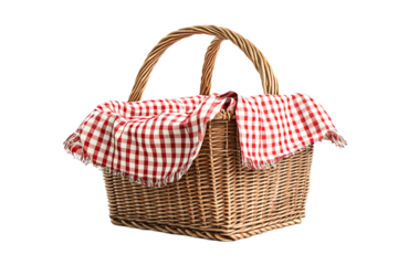 A charming wicker picnic basket ready for adventure awaits a joyful outdoor meal a delightful red and white checkered cloth adds a touch of whimsy,