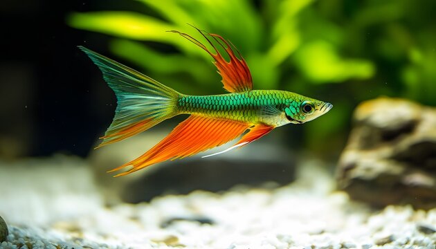 A colorful forktail rainbowfish swims gracefully in its aquarium habitat