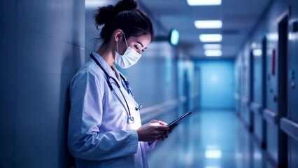 Doctor using tablet, hospital corridor, night, digital overlay - Powered by Adobe