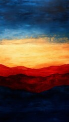 Obraz premium Abstract painting depicts mountains silhouetted against a colorful sky
