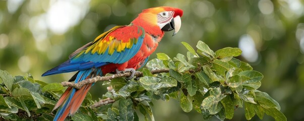 A pair of parrots perched on a tropical tree branch