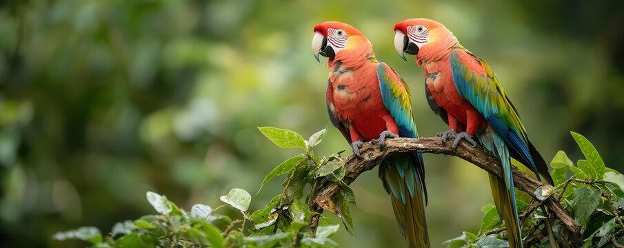 A pair of parrots perched on a tropical tree branch