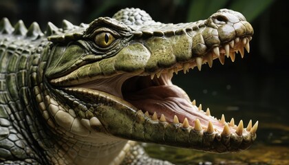 Fototapeta premium A fierce crocodile with an open mouth displays its sharp teeth, showcasing its powerful jaw and vibrant green scales in a natural habitat.