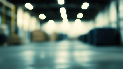 Blurred warehouse interior showing floor, boxes, and lighting.