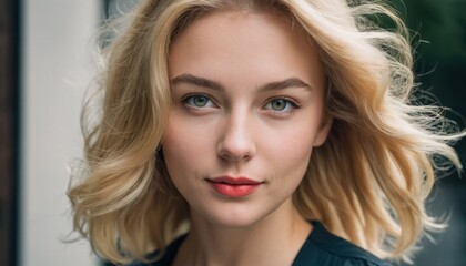 Fototapeta premium A close-up portrait of a young woman with flowing blonde hair and captivating blue eyes, exuding a natural and confident beauty.
