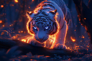 Majestic White Tiger in a Mystical Night Forest with Glowing Eyes and Roaring Fire