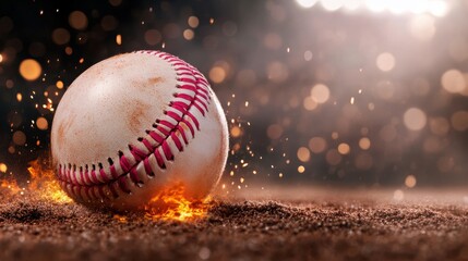 A close-up of a baseball on a gritty surface, surrounded by a soft glow and sparkles, capturing the essence of the game in a dynamic setting.