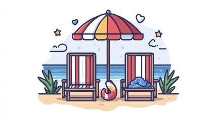 Obraz premium Beach chairs under umbrella, relaxing scene, ocean view, illustration, for vacation print or website