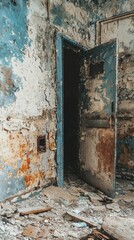 Abandoned Room with Open Door and Peeling Paint in Distressed State