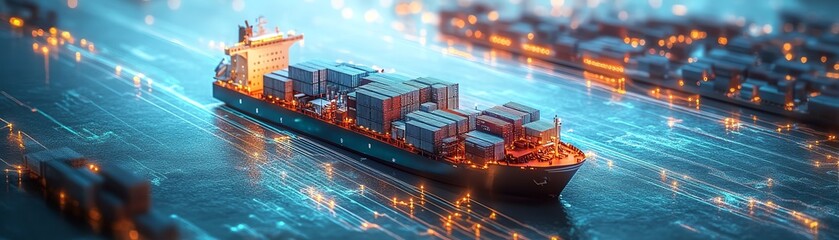 Obraz premium Global supply chain management in action, digital network of transportation, trucks, ships, planes, and warehouses, interconnected logistics system, highdefinition 3D visualization