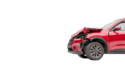 Damaged red car, frontend collision accident, wreck, automotive crash, broken vehicle on roadside, transportation incident