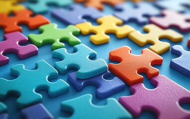 Fototapeta premium Puzzle pieces in bright colors arranged on a blue background, symbolizing creativity and collaboration in teamwork, intricate patterns, ultradetailed 3D, cinematic lighting