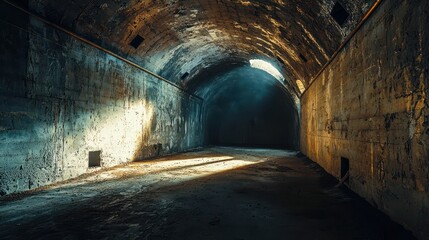 Naklejka premium Abandoned Warehouse Interior with Dramatic Light and Shadow Effects