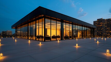 Obraz premium Futuristic Rooftop Architecture: AI-Powered Event Space with Cutting-Edge LED Lighting Effects,3D rendering