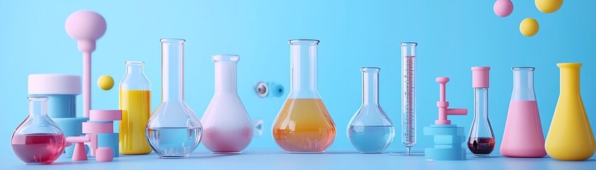 Whimsical design of laboratory items, cute and colorful test tubes and flasks, cheerful laboratory setup, fun scienceinspired art, highresolution 3D render