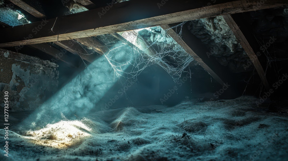 Poster sunlight beams filtering through dusty attic with cobwebs