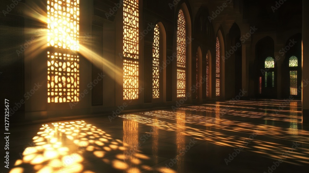 Poster sunlight streams through ornate windows creating intricate shadows