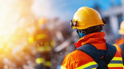 A construction worker in a bright orange jacket and yellow helmet observes a demolition site, emphasizing safety and teamwork in a busy work environment.