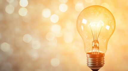 A bright light bulb glowing against a soft, neutral background with space around it for text or branding.