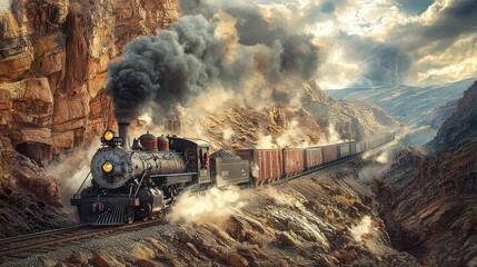 Vintage Steam Train Navigating Rocky Mountain Landscape at Sunset