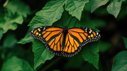 Obraz premium A butterfly emerging from a cocoon on a leafy branch, representing transformation, resilience, and growth.