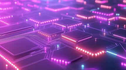 Abstract futuristic neon circuit board with glowing lines and nodes.