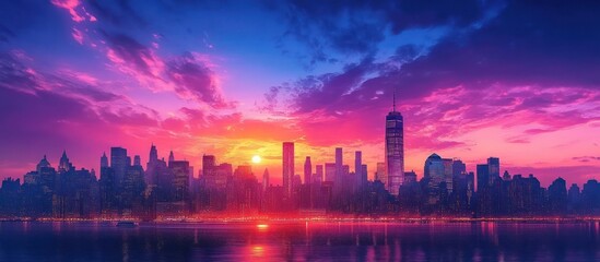 Cityscape Sunrise, Waterfront, Vibrant Sky