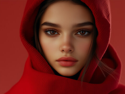 Jeune femme posant avec une capuche rouge