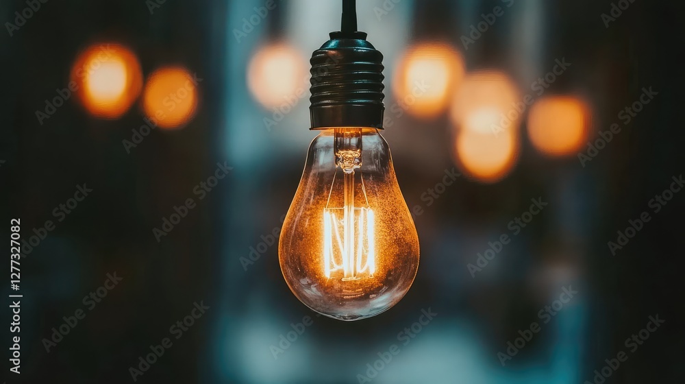 Poster a close-up of a light bulb with a glowing filament in the center, casting a subtle light on the surr