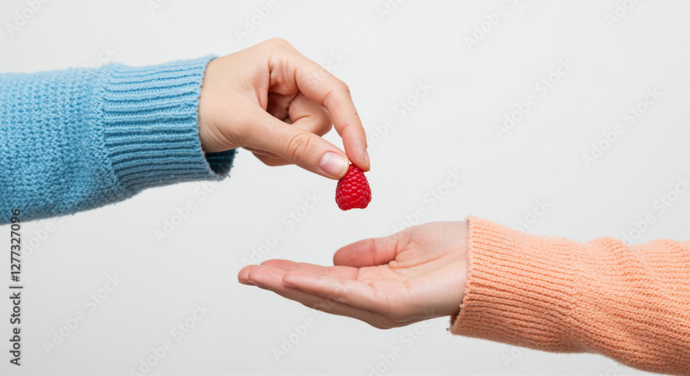 Poster raspberry being handed from one hand to another. close up of a raspberry. fruit sharing
