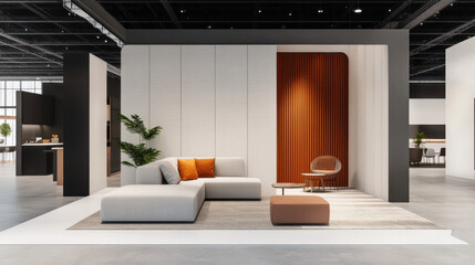 Modern lounge area with cozy sofa, stylish decor, and warm tones