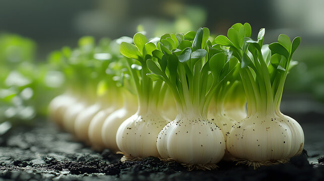A vibrant close-up of fresh organic garlic sprouts growing in dark, nutrient-rich soil